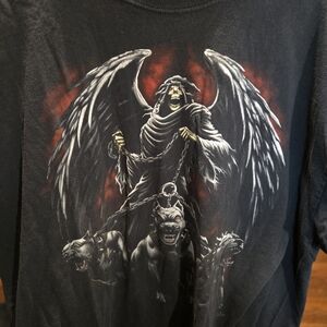 Gothic Grim Reaper Graphic Tee Black Short Sleeve 2XL Winged Reaper Three Dogs